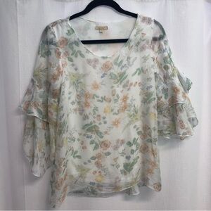- Giusy 100% Silk White Floral Sheer Boho Blouse Small romantic